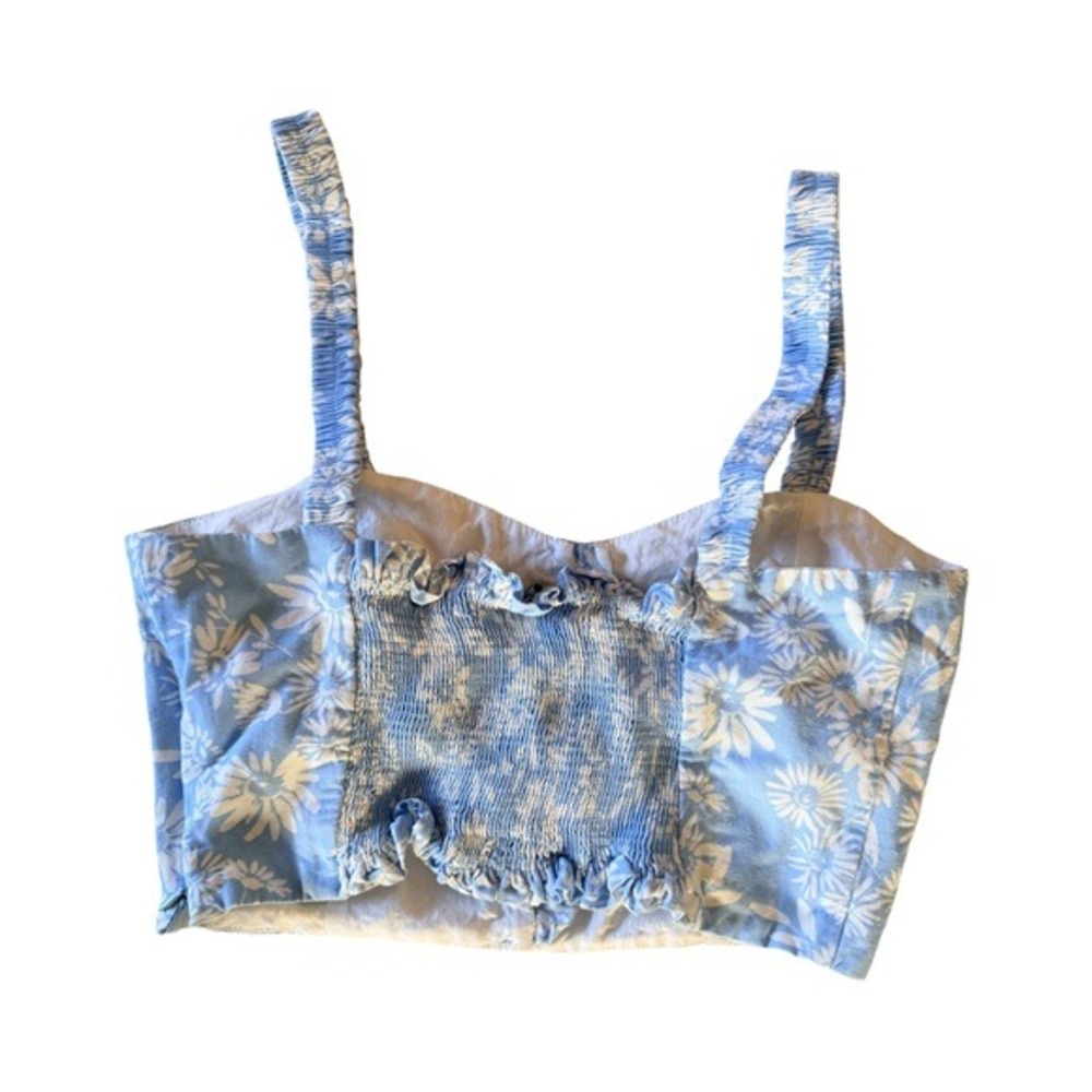 ZARA Blue & White Floral Smocked Crop Top | Cotton Bustier Tank | Size L - Picture 3 of 5